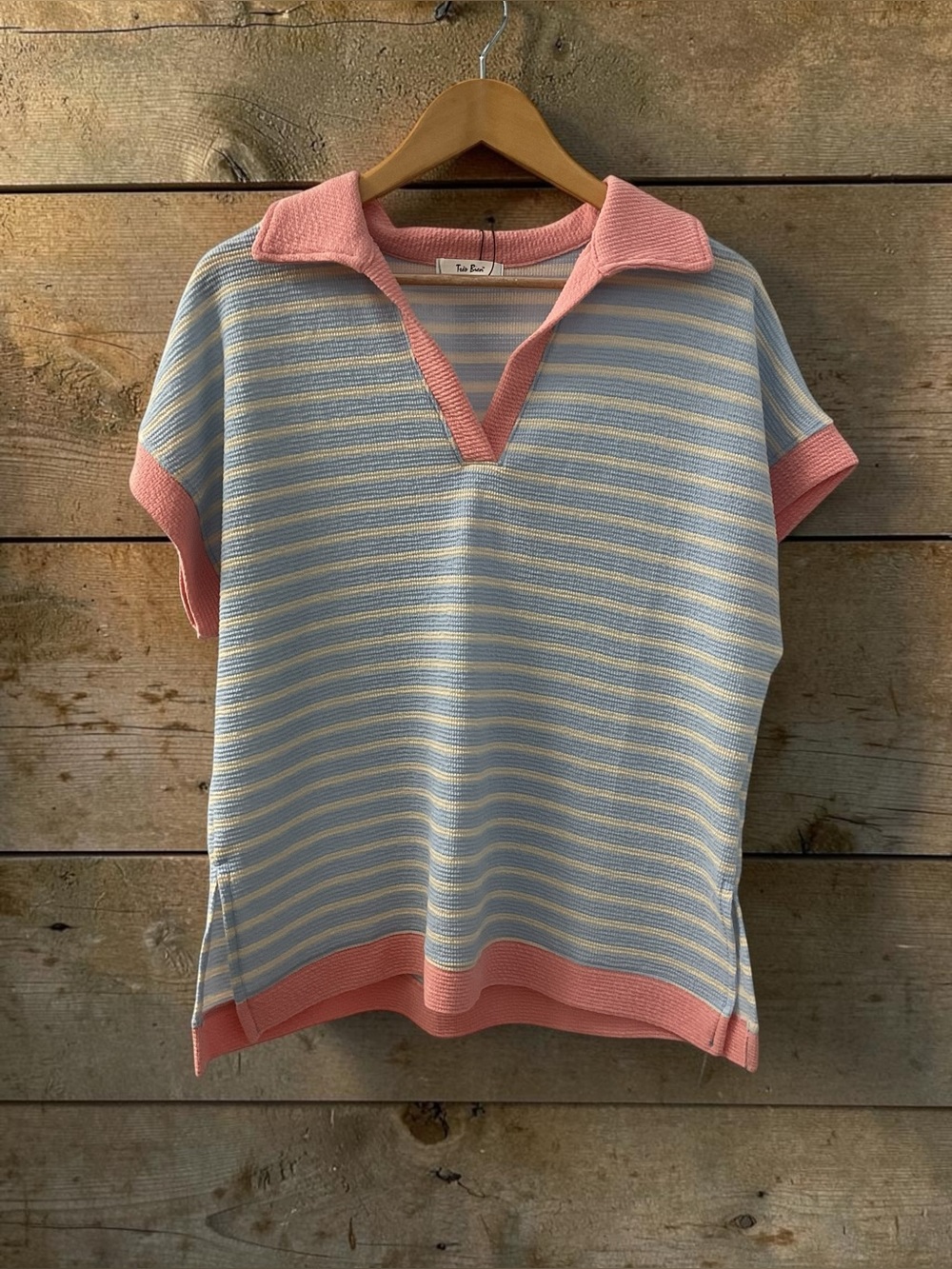Striped Knit Polo Top in Blue and Pink